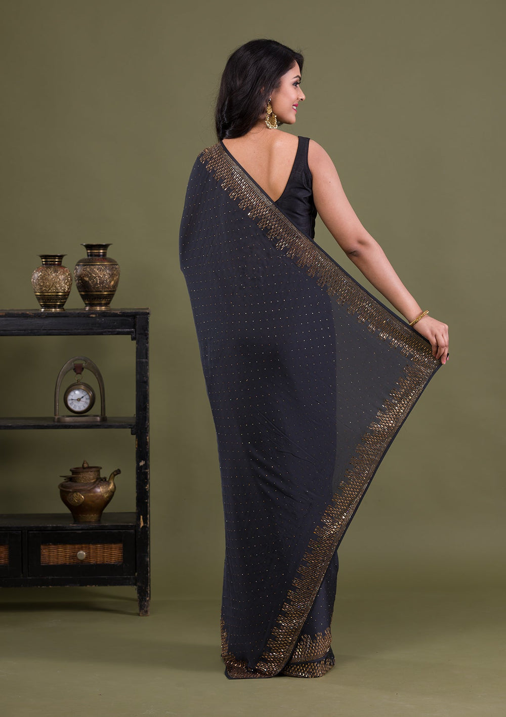Black Swarovski Semi Crepe Saree-Koskii