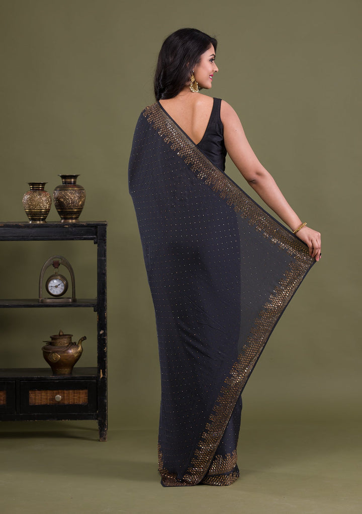 Black Swarovski Semi Crepe Saree-Koskii
