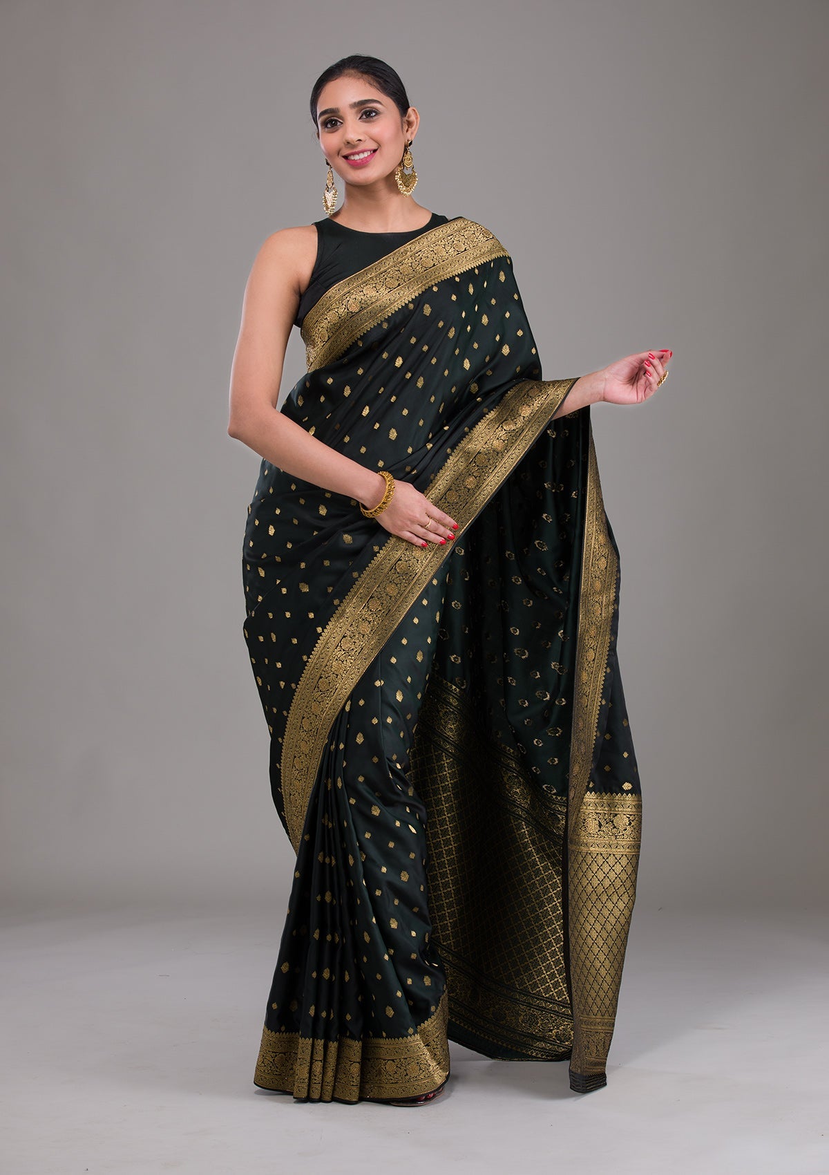 Black Swarovski Silk Satin Saree-Koskii