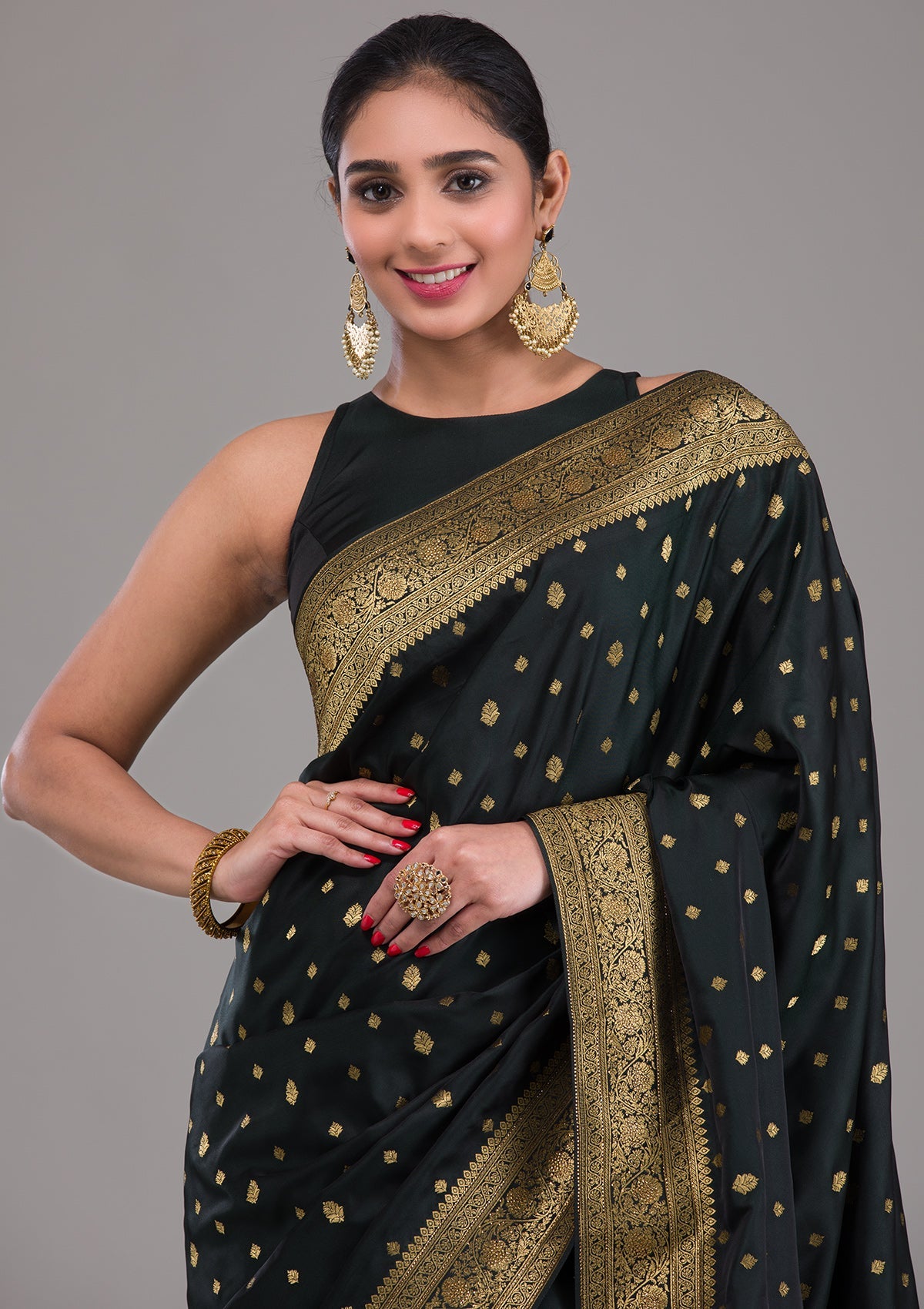 Black Swarovski Silk Satin Saree-Koskii