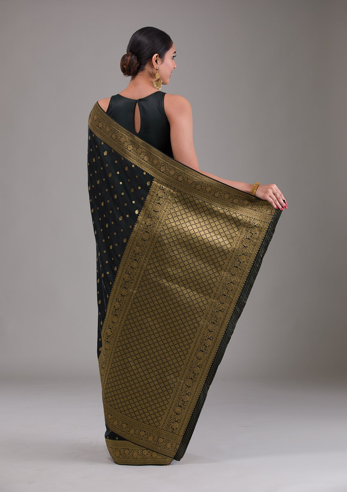 Black Swarovski Silk Satin Saree-Koskii