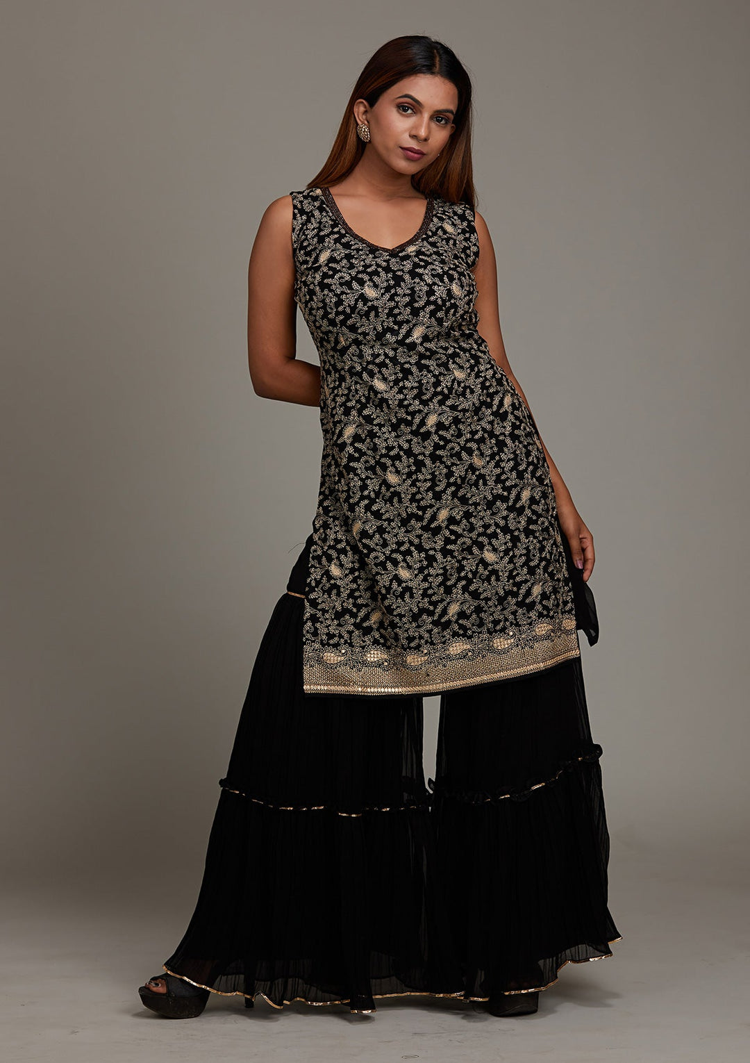 Black Threadwork Georgette Salwar Suit-Koskii