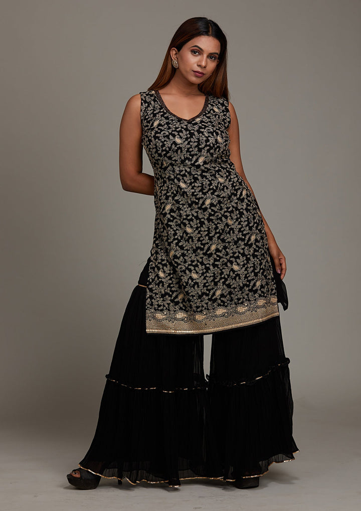 Black Threadwork Georgette Salwar Suit-Koskii