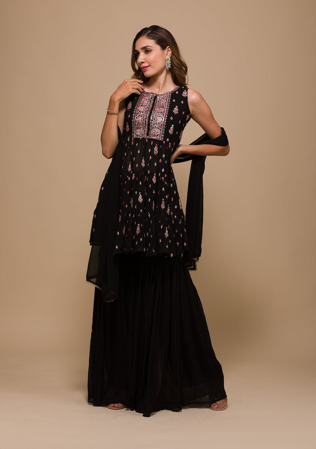 Black Threadwork Georgette Readymade Salwar Kameez-Koskii