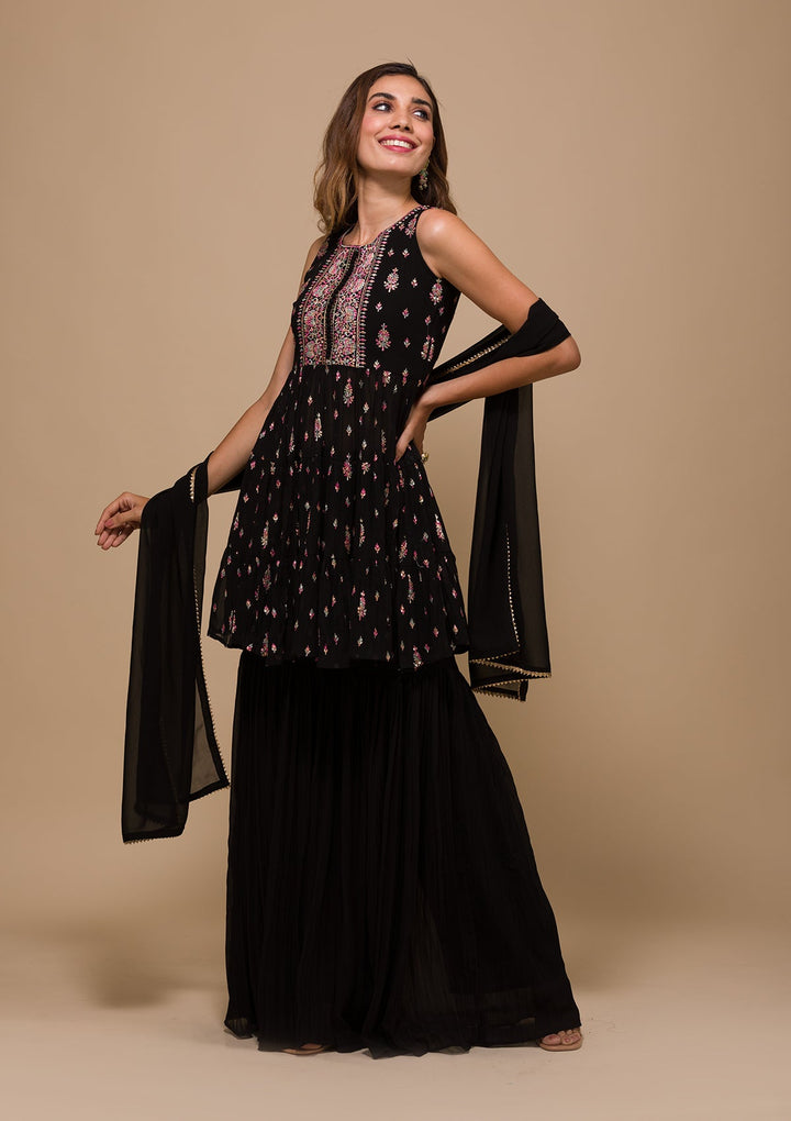 Black Threadwork Georgette Readymade Salwar Kameez-Koskii