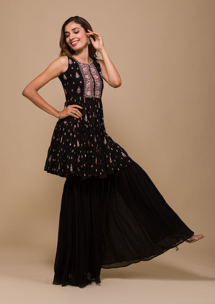 Black Threadwork Georgette Readymade Salwar Kameez-Koskii