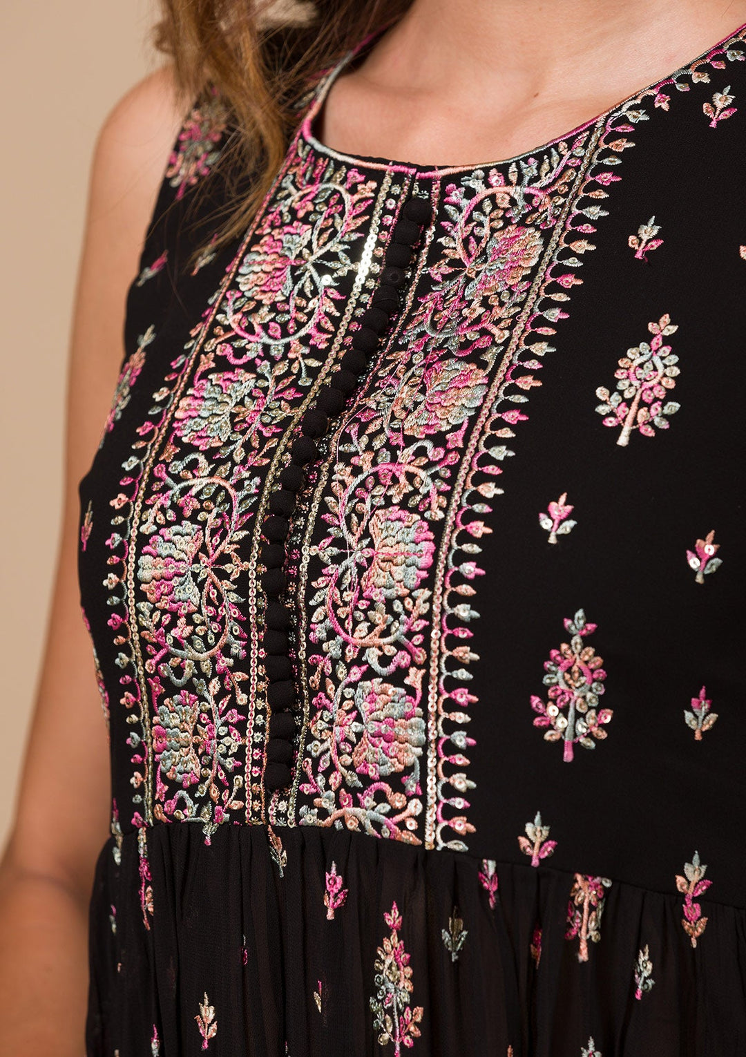 Black Threadwork Georgette Readymade Salwar Kameez-Koskii