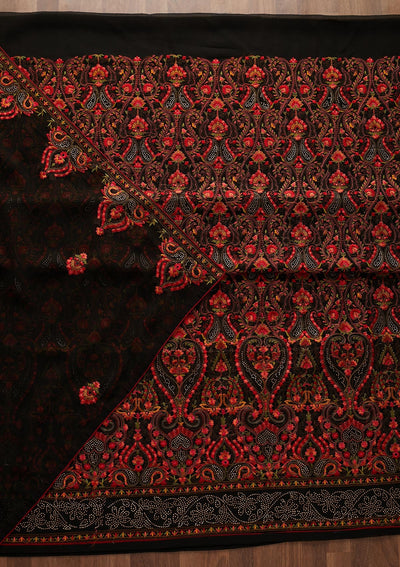 Black Threadwork Georgette Designer Semi-Stitched Salwar Suit - Koskii