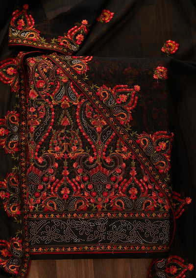 Black Threadwork Georgette Designer Semi-Stitched Salwar Suit - Koskii