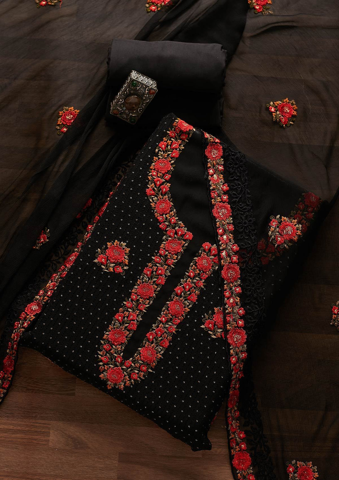 Black Threadwork Georgette Designer Unstitched Salwar Suit - Koskii