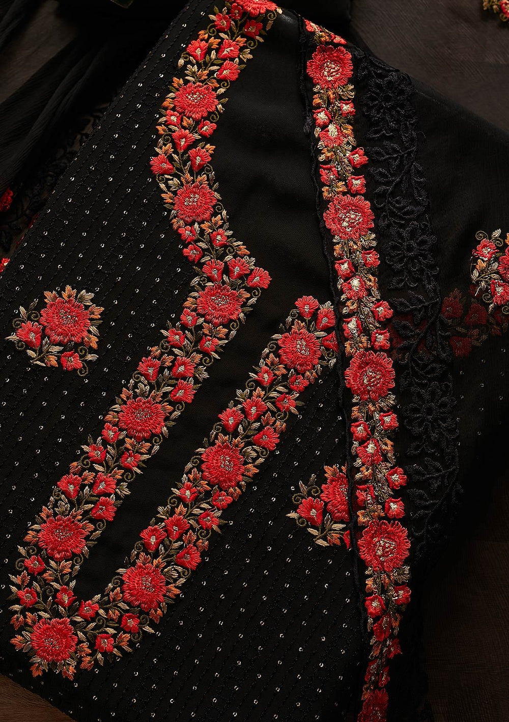 Black Threadwork Georgette Designer Unstitched Salwar Suit - Koskii
