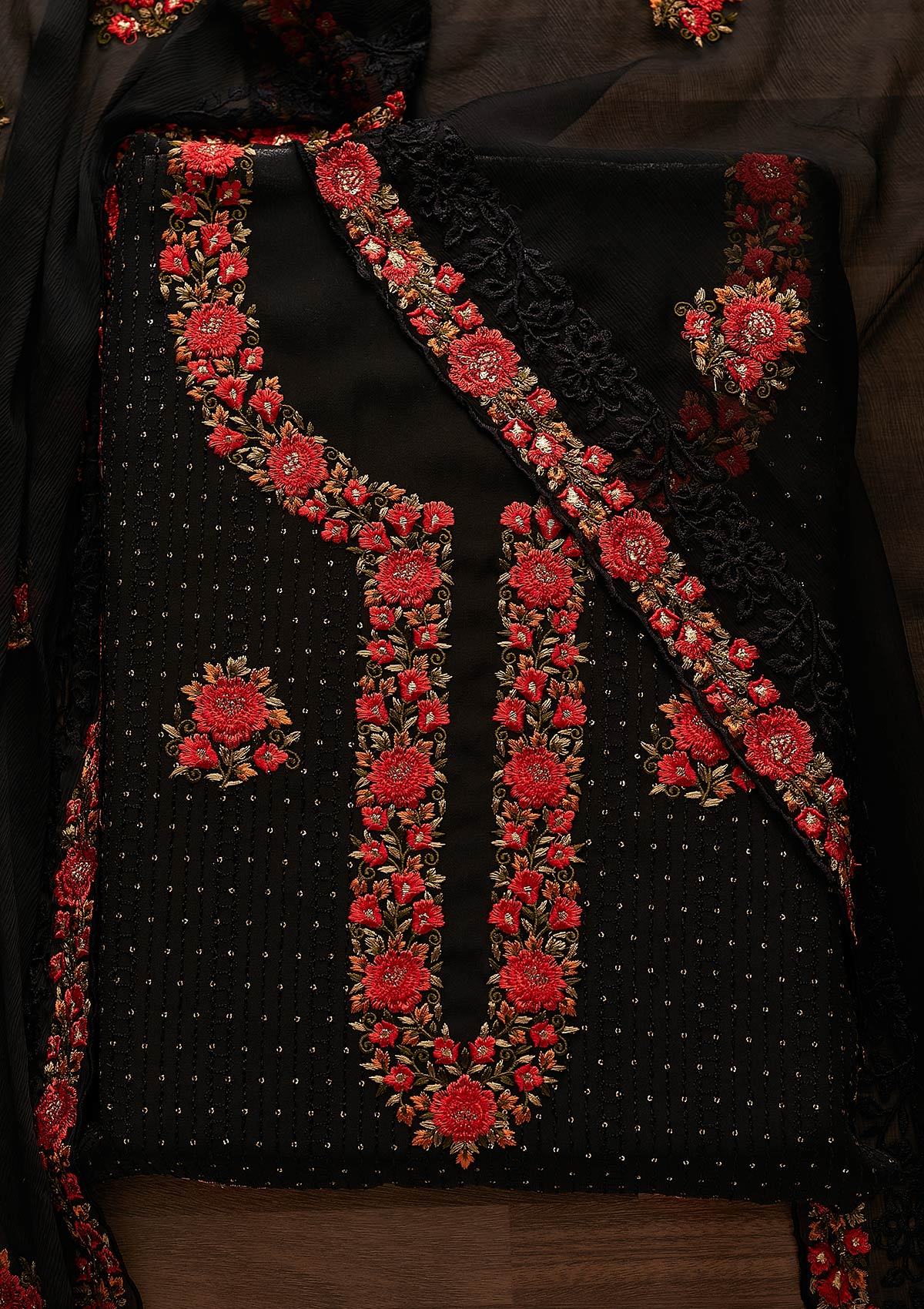 Black Threadwork Georgette Designer Unstitched Salwar Suit - Koskii