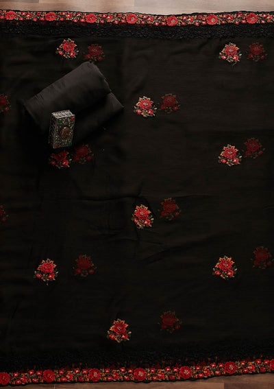 Black Threadwork Georgette Designer Unstitched Salwar Suit - Koskii