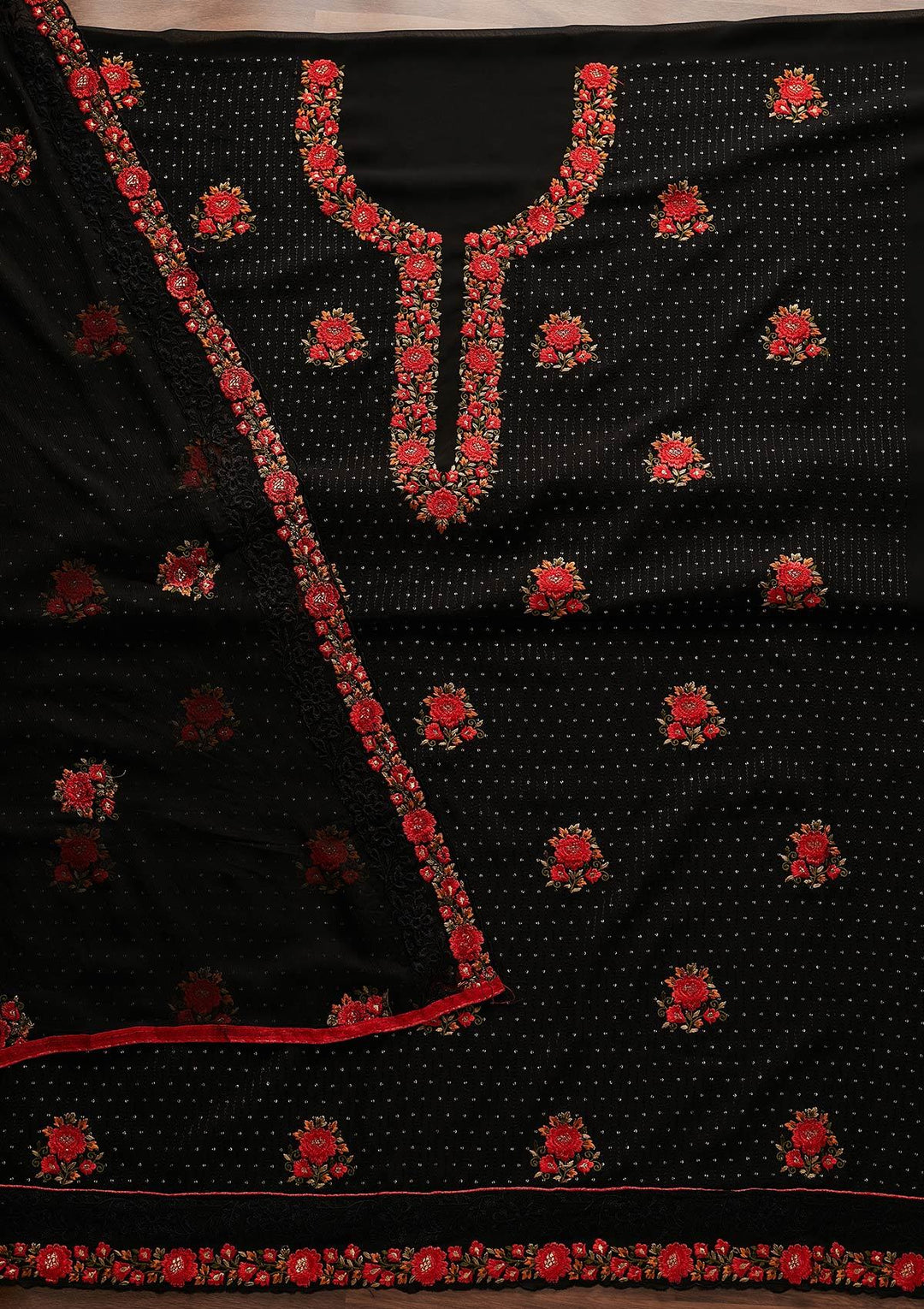 Black Threadwork Georgette Designer Unstitched Salwar Suit - Koskii