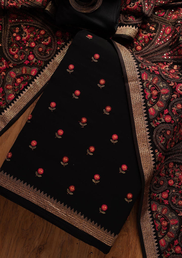 Black Threadwork Georgette Designer Unstitched Salwar Suit - koskii