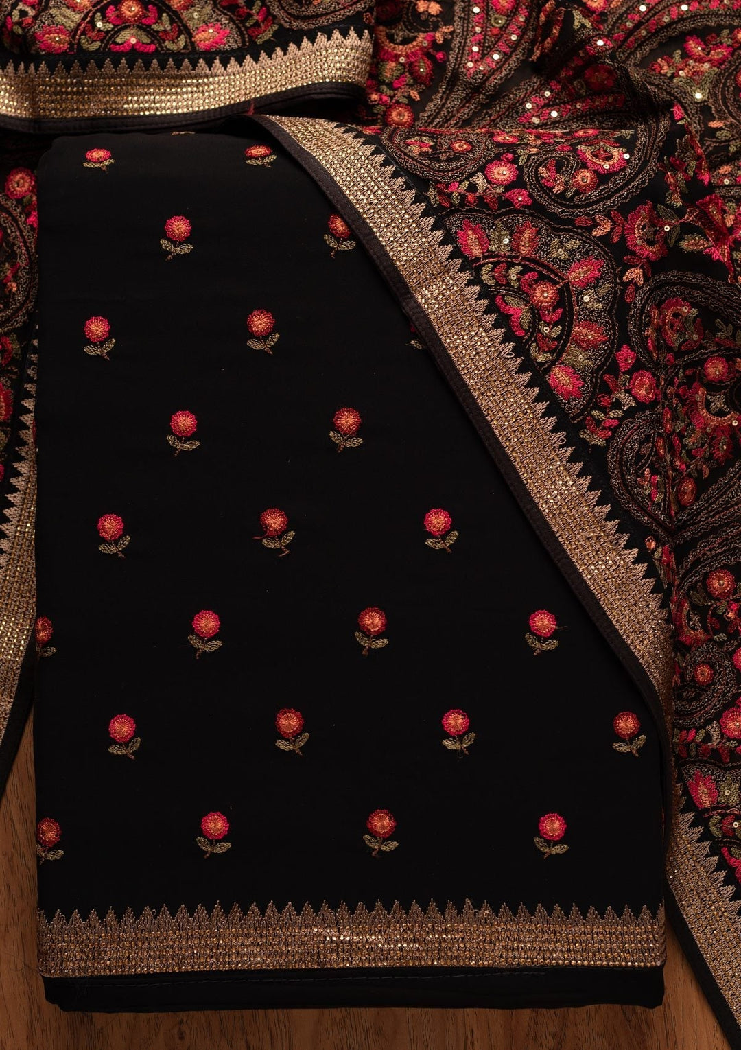 Black Threadwork Georgette Designer Unstitched Salwar Suit - koskii