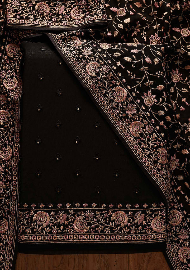 Black Threadwork Georgette Designer Unstitched Salwar Suit - koskii