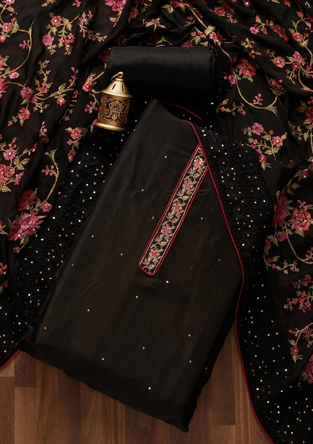 Black Threadwork Georgette Designer Unstitched Salwar Suit - Koskii