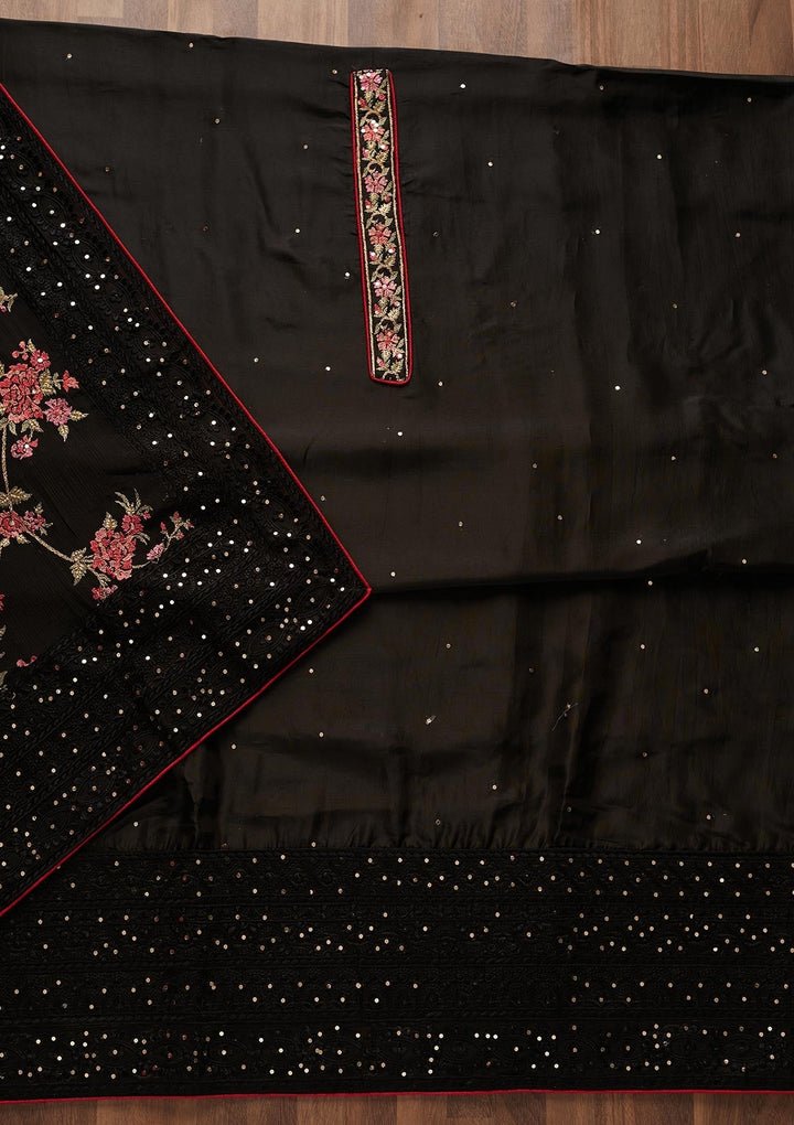 Black Threadwork Georgette Designer Unstitched Salwar Suit - Koskii