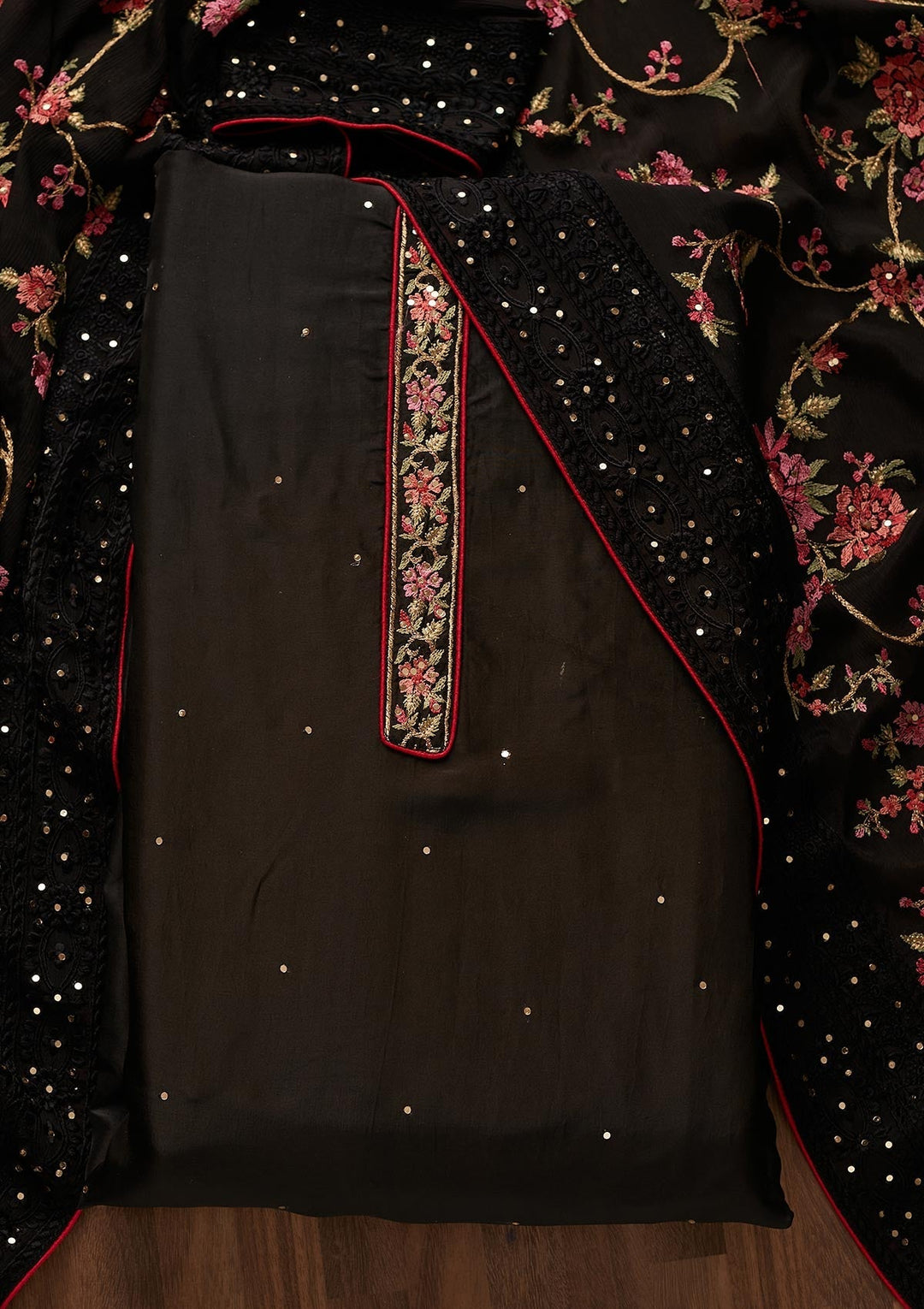 Black Threadwork Georgette Designer Unstitched Salwar Suit - Koskii