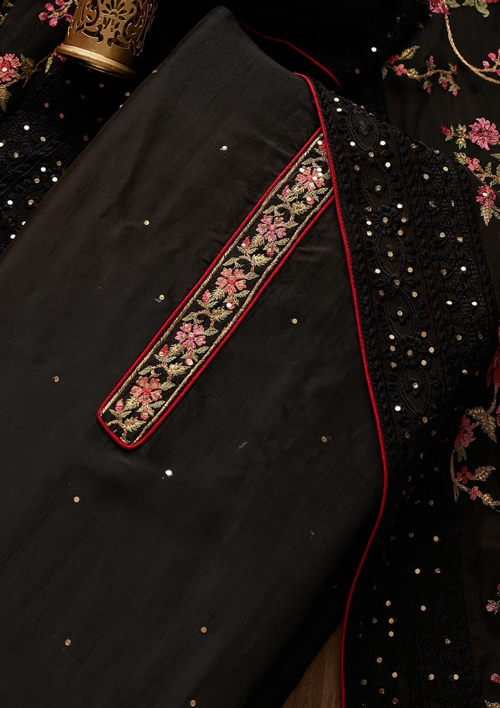 Black Threadwork Georgette Designer Unstitched Salwar Suit - Koskii