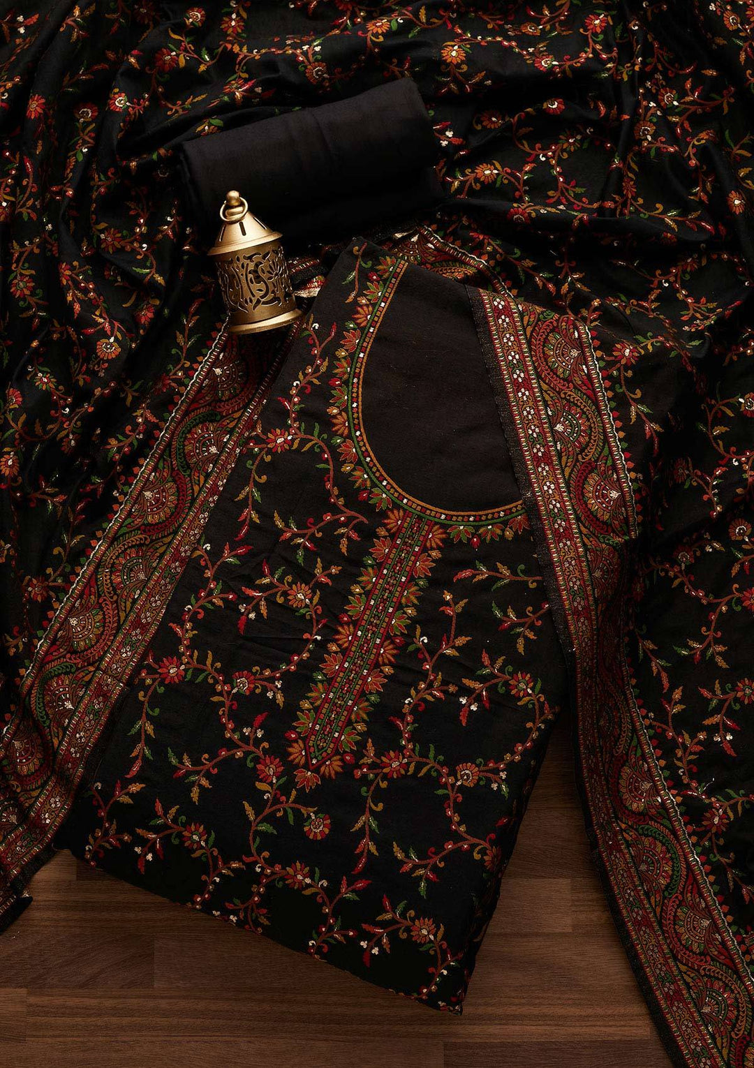 Black Threadwork Georgette Designer Unstitched Salwar Suit - Koskii