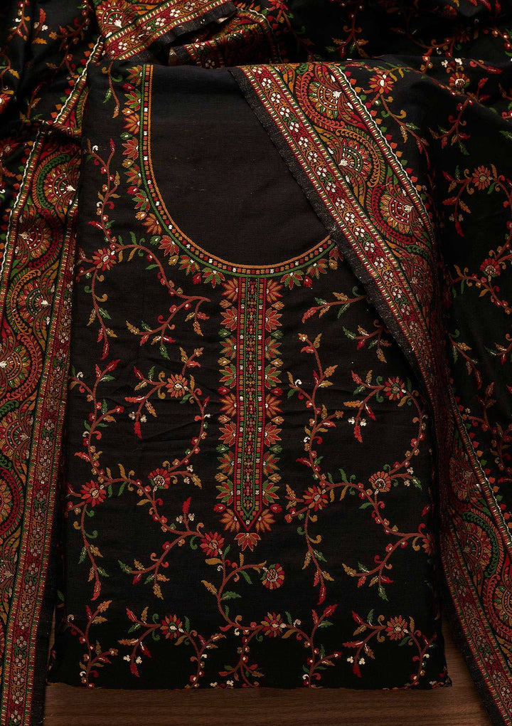 Black Threadwork Georgette Designer Unstitched Salwar Suit - Koskii