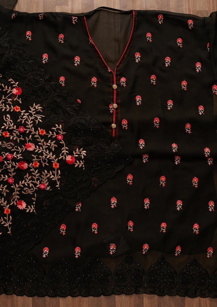 Black Threadwork Georgette Designer Unstitched Salwar Suit - Koskii