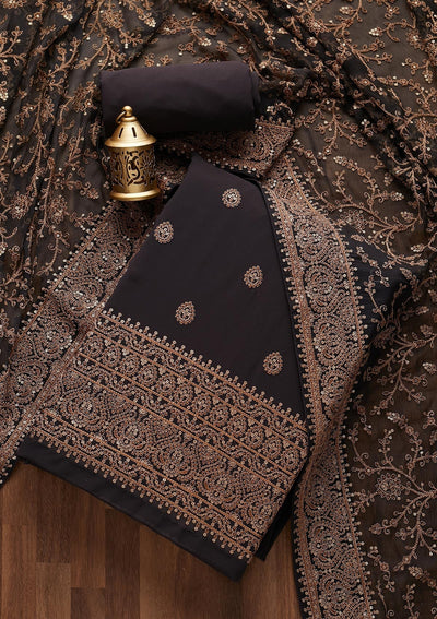 Black Threadwork Georgette Unstitched Salwar Suit- Koskii