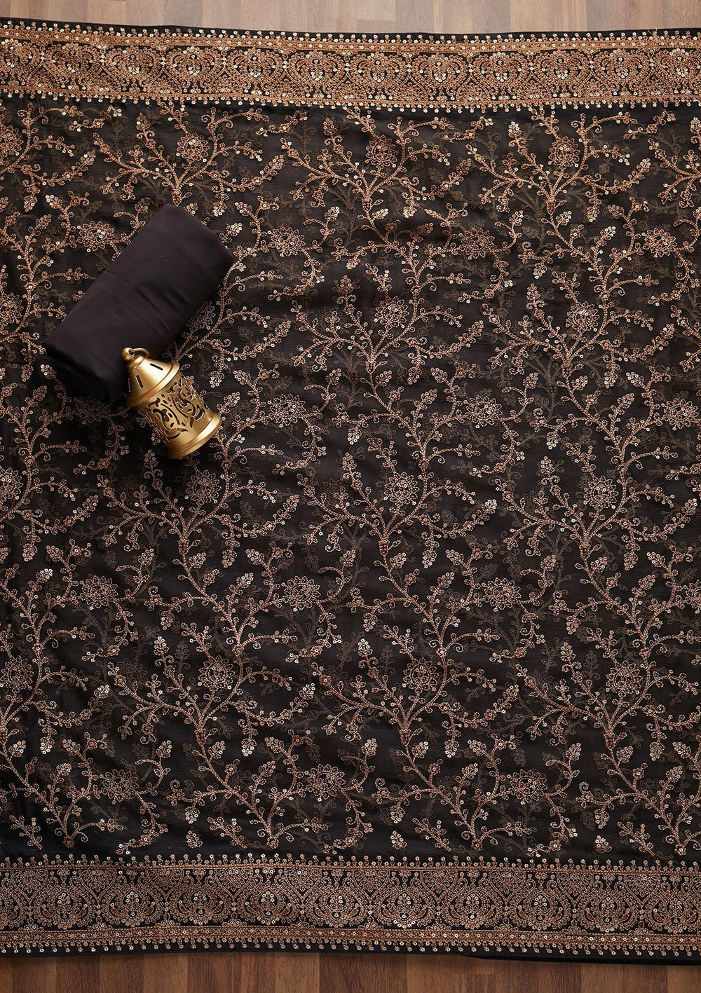 Black Threadwork Georgette Unstitched Salwar Suit - Koskii