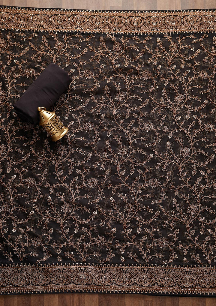 Black Threadwork Georgette Unstitched Salwar Suit - Koskii