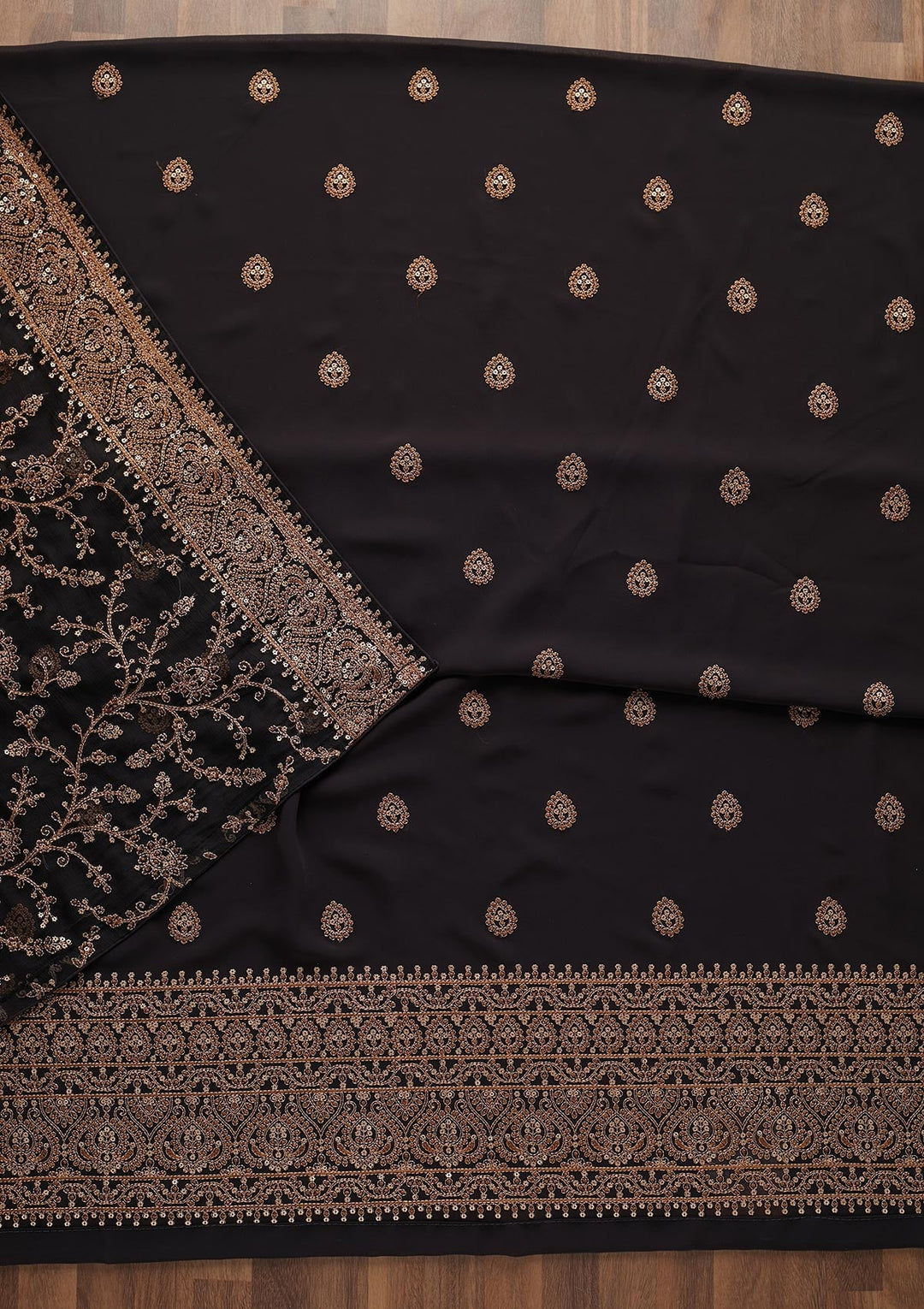 Black Threadwork Georgette Unstitched Salwar Suit - Koskii