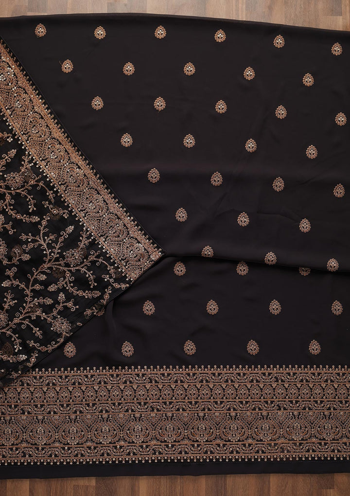 Black Threadwork Georgette Unstitched Salwar Suit - Koskii