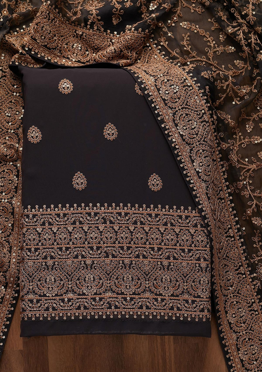 Black Threadwork Georgette Unstitched Salwar Suit - Koskii