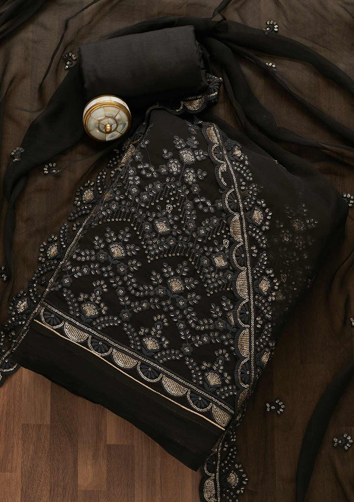 Black Threadwork Georgette Unstitched Salwar Suit-Koskii