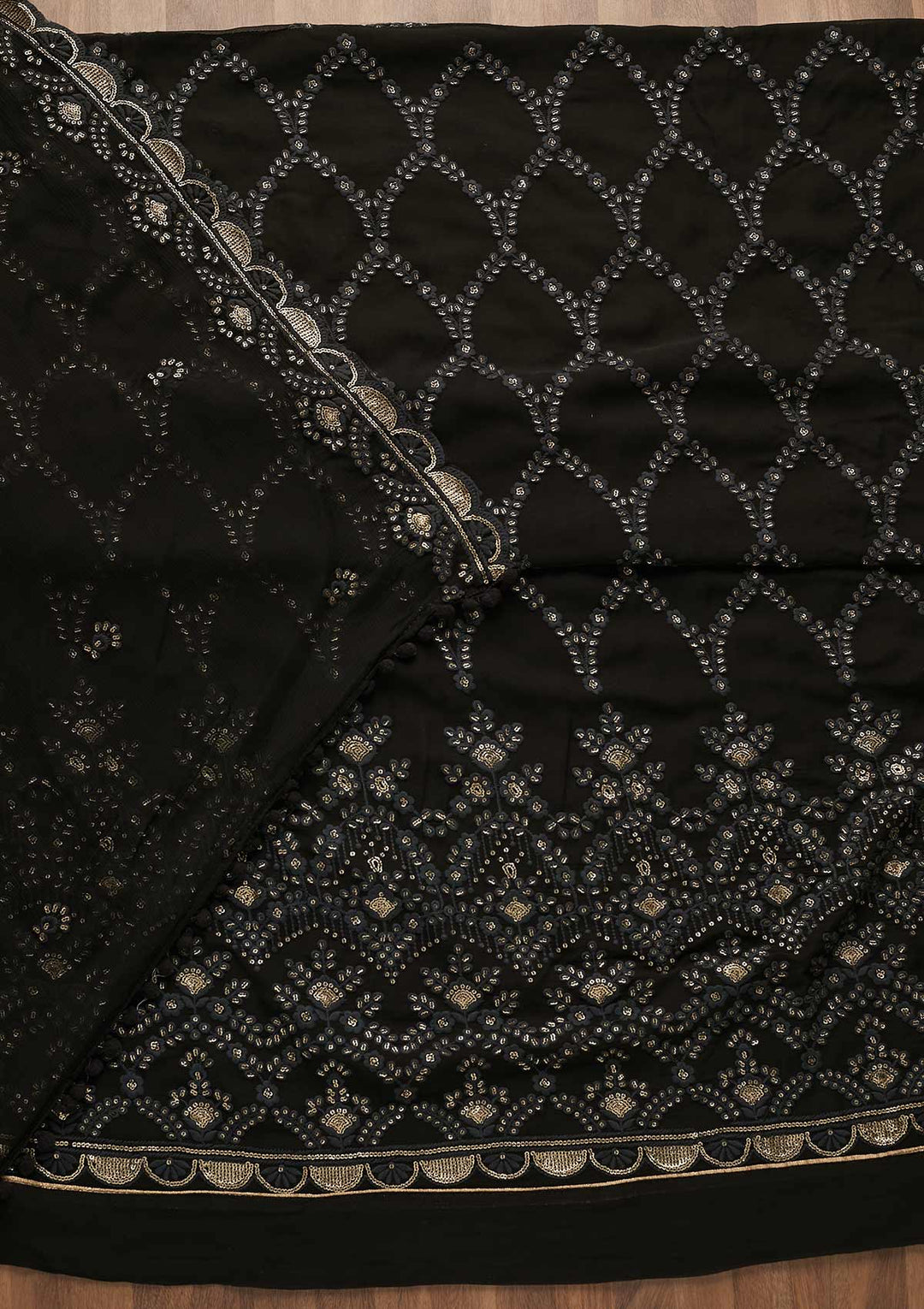 Black Threadwork Georgette Unstitched Salwar Suit-Koskii