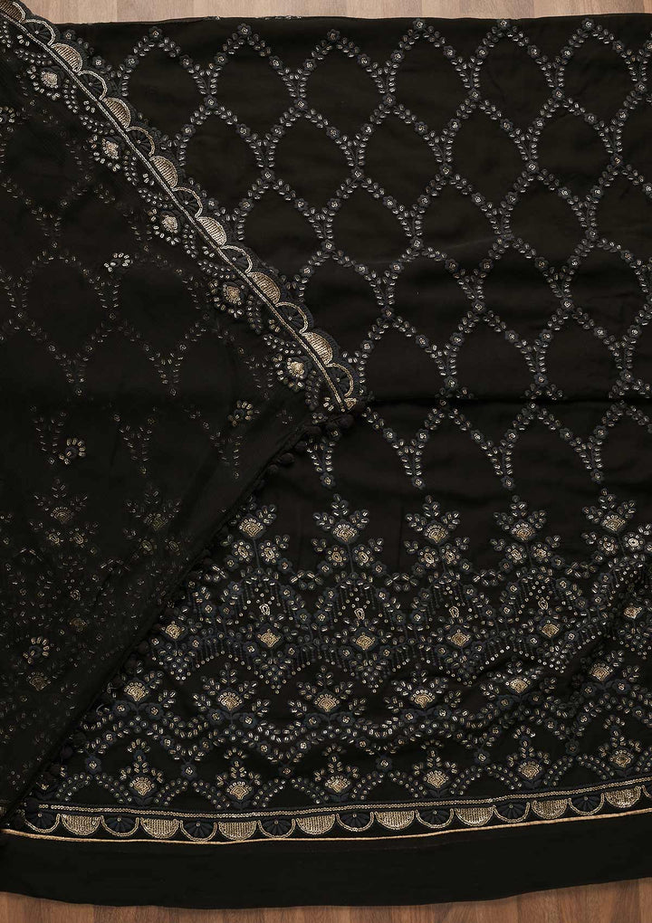 Black Threadwork Georgette Unstitched Salwar Suit-Koskii