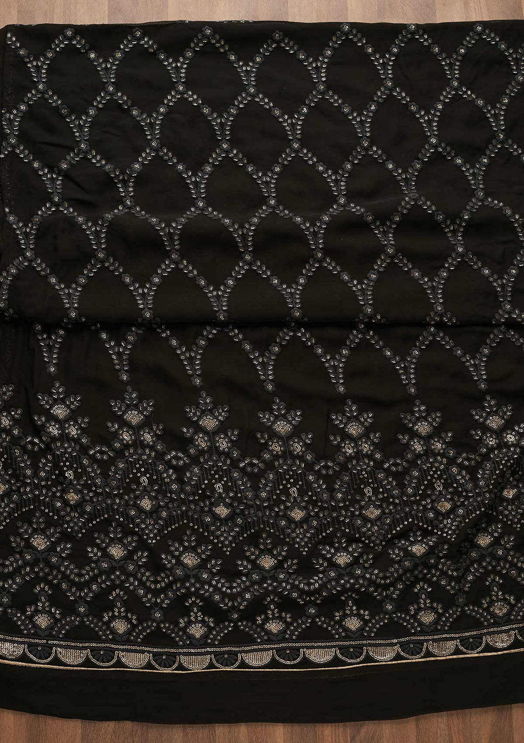 Black Threadwork Georgette Unstitched Salwar Suit-Koskii