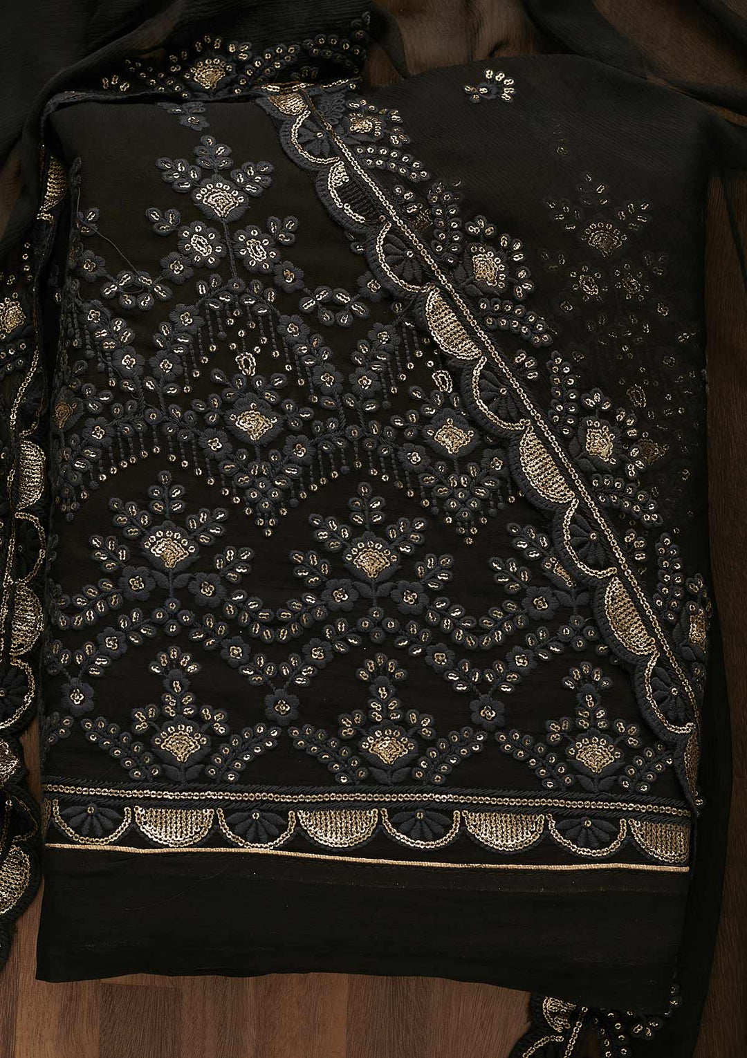 Black Threadwork Georgette Unstitched Salwar Suit-Koskii