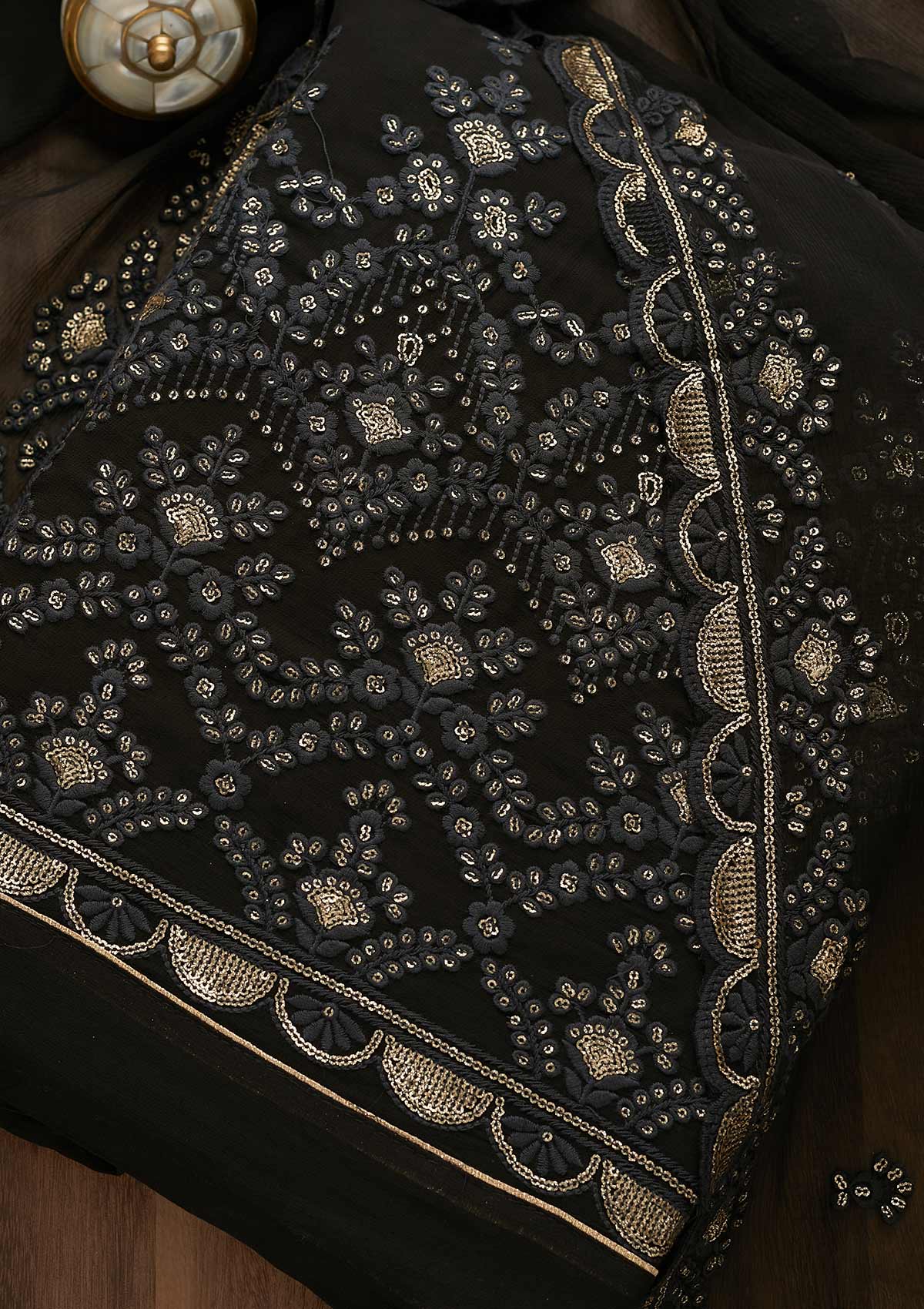 Black Threadwork Georgette Unstitched Salwar Suit-Koskii