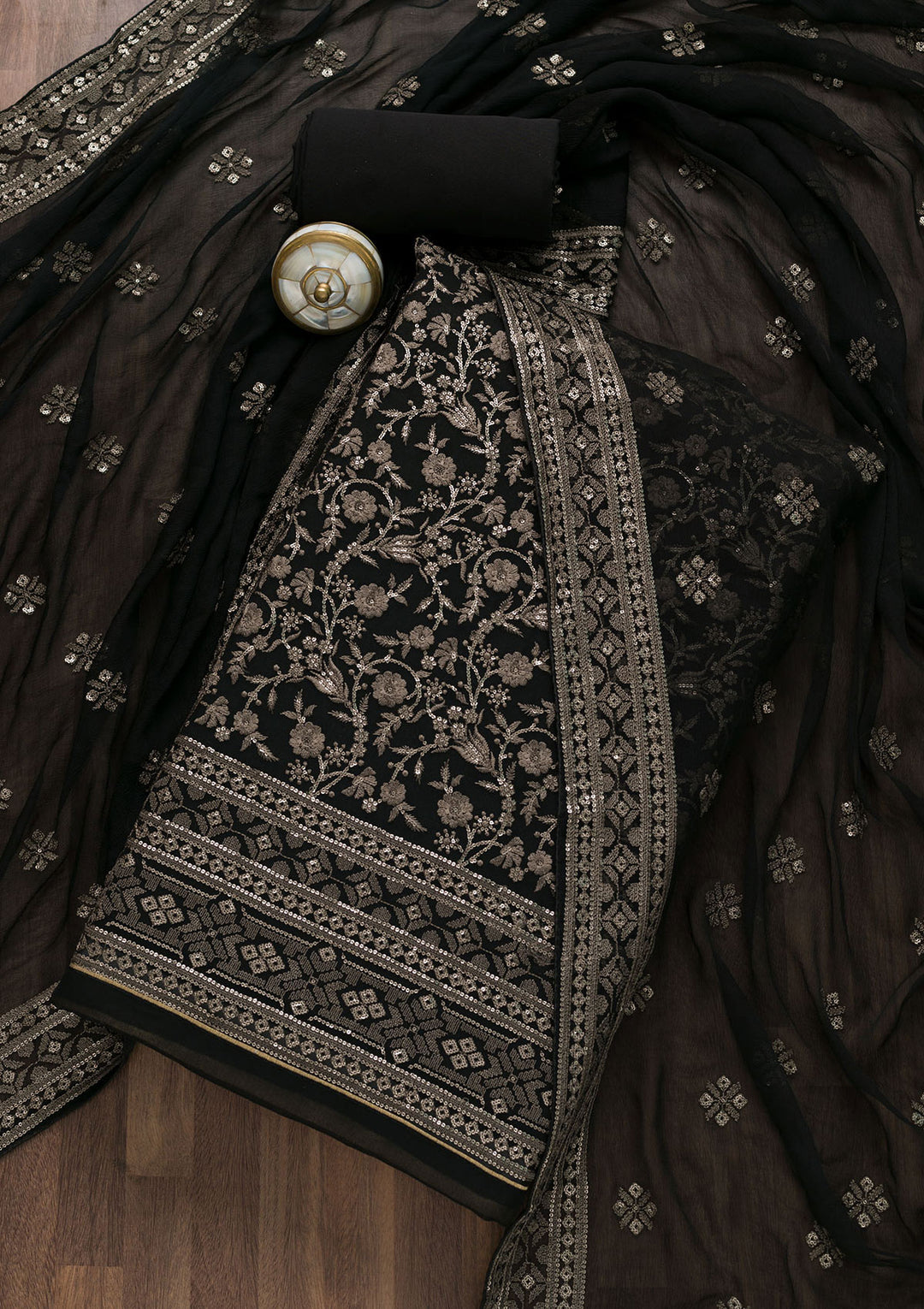 Black Threadwork Georgette Unstitched Salwar Suit-Koskii