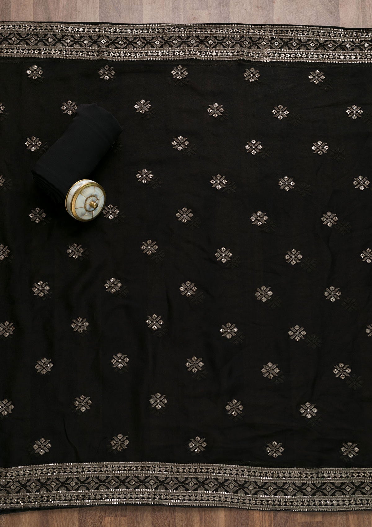 Black Threadwork Georgette Unstitched Salwar Suit-Koskii