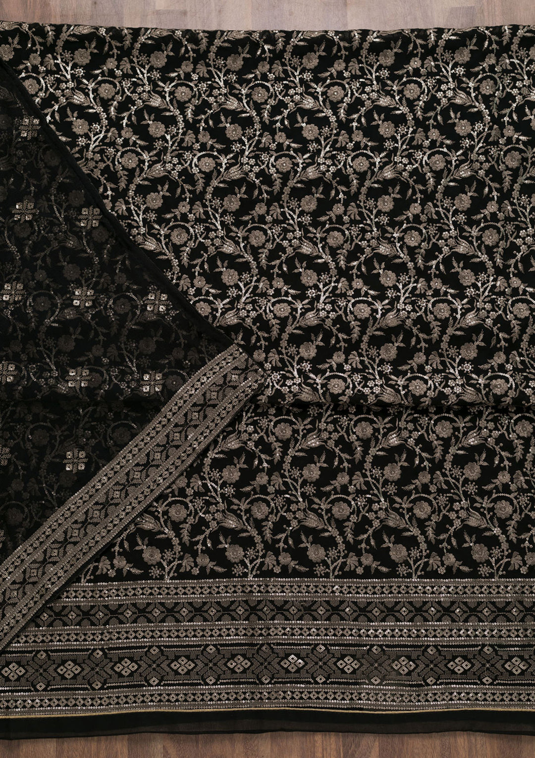 Black Threadwork Georgette Unstitched Salwar Suit-Koskii