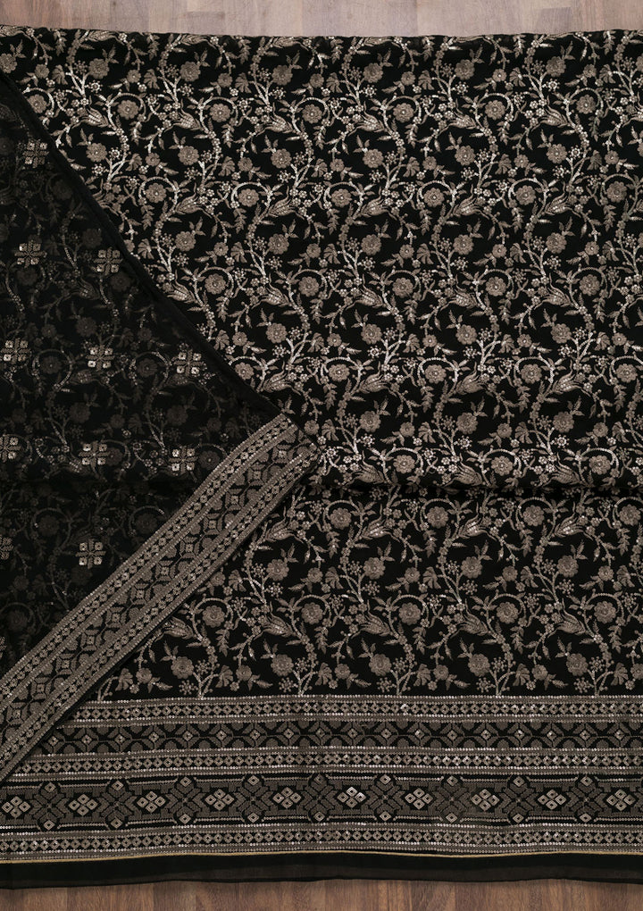 Black Threadwork Georgette Unstitched Salwar Suit-Koskii