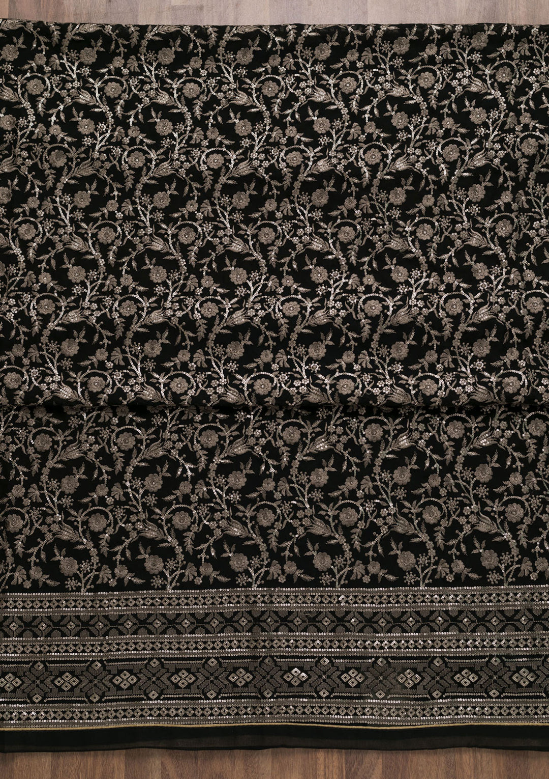 Black Threadwork Georgette Unstitched Salwar Suit-Koskii