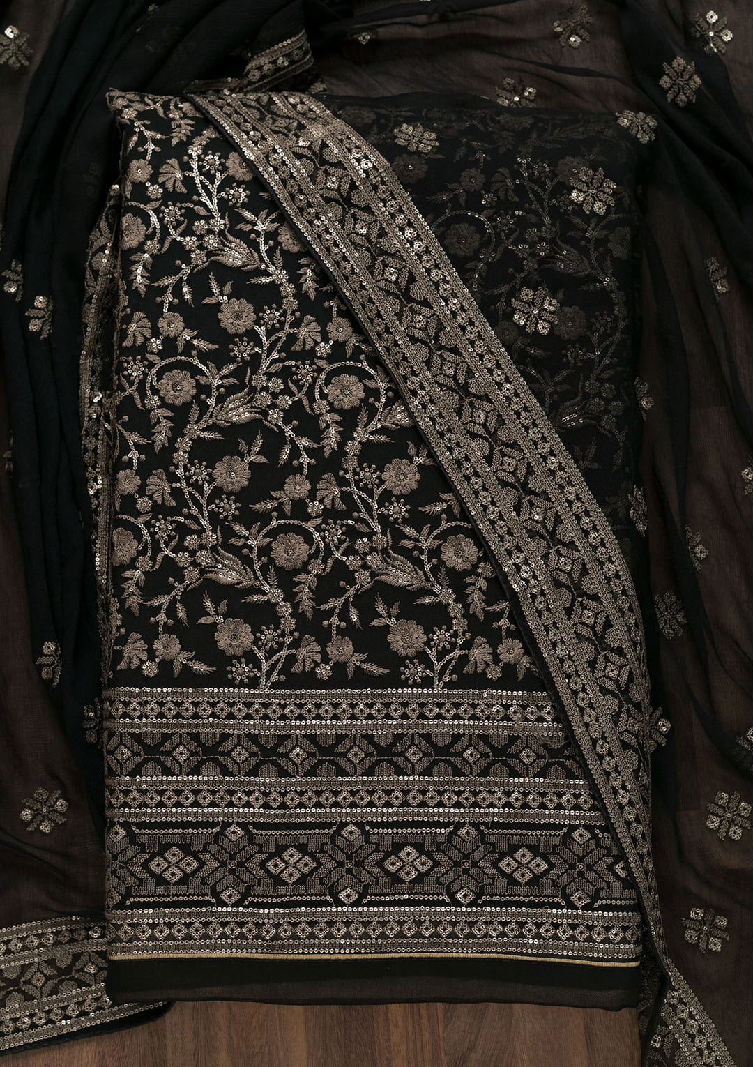 Black Threadwork Georgette Unstitched Salwar Suit-Koskii