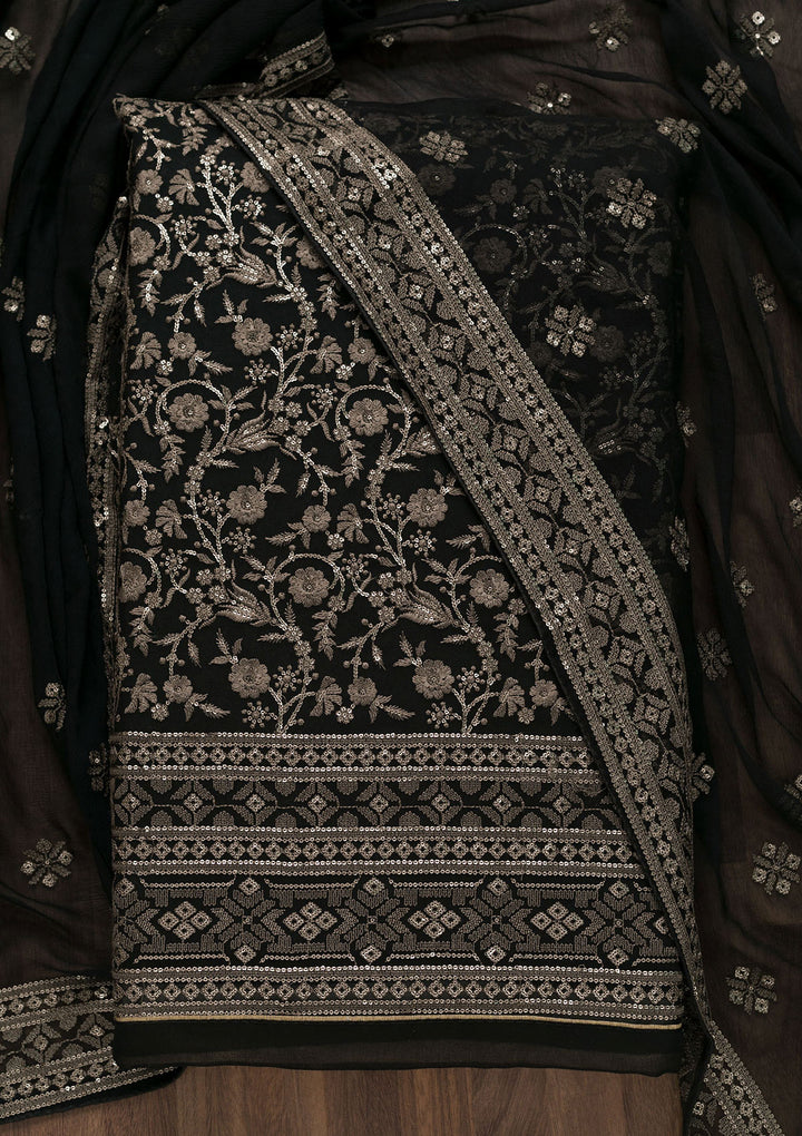 Black Threadwork Georgette Unstitched Salwar Suit-Koskii