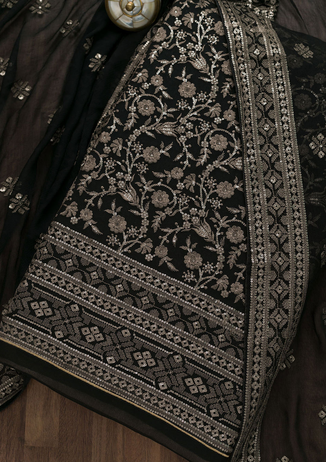 Black Threadwork Georgette Unstitched Salwar Suit-Koskii