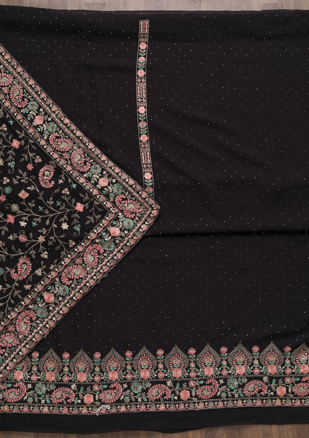 Black Threadwork Georgette Unstitched Salwar Suit-Koskii