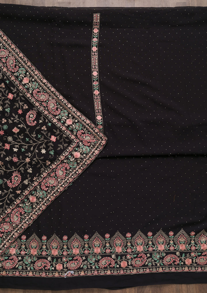 Black Threadwork Georgette Unstitched Salwar Suit-Koskii